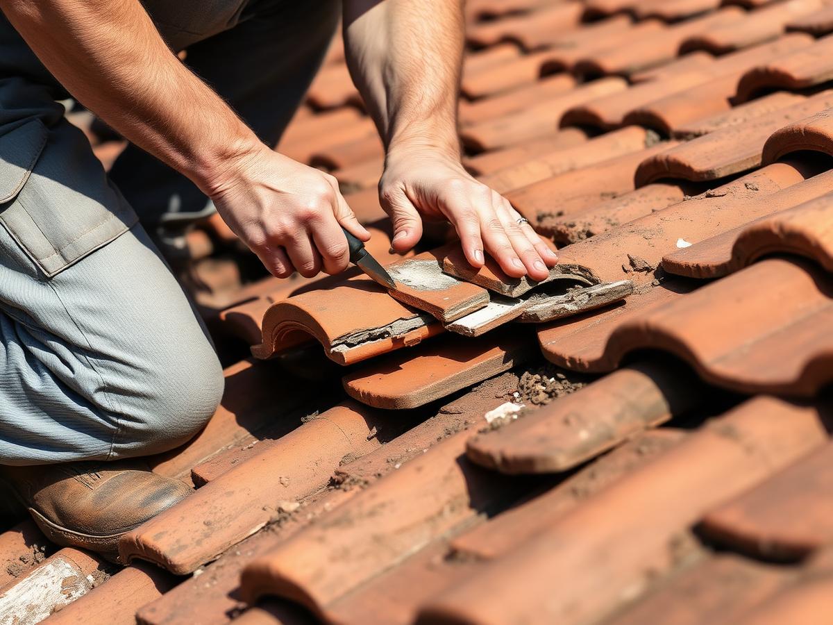 Couvreur remplaçant une tuile endommagée sur une toiture